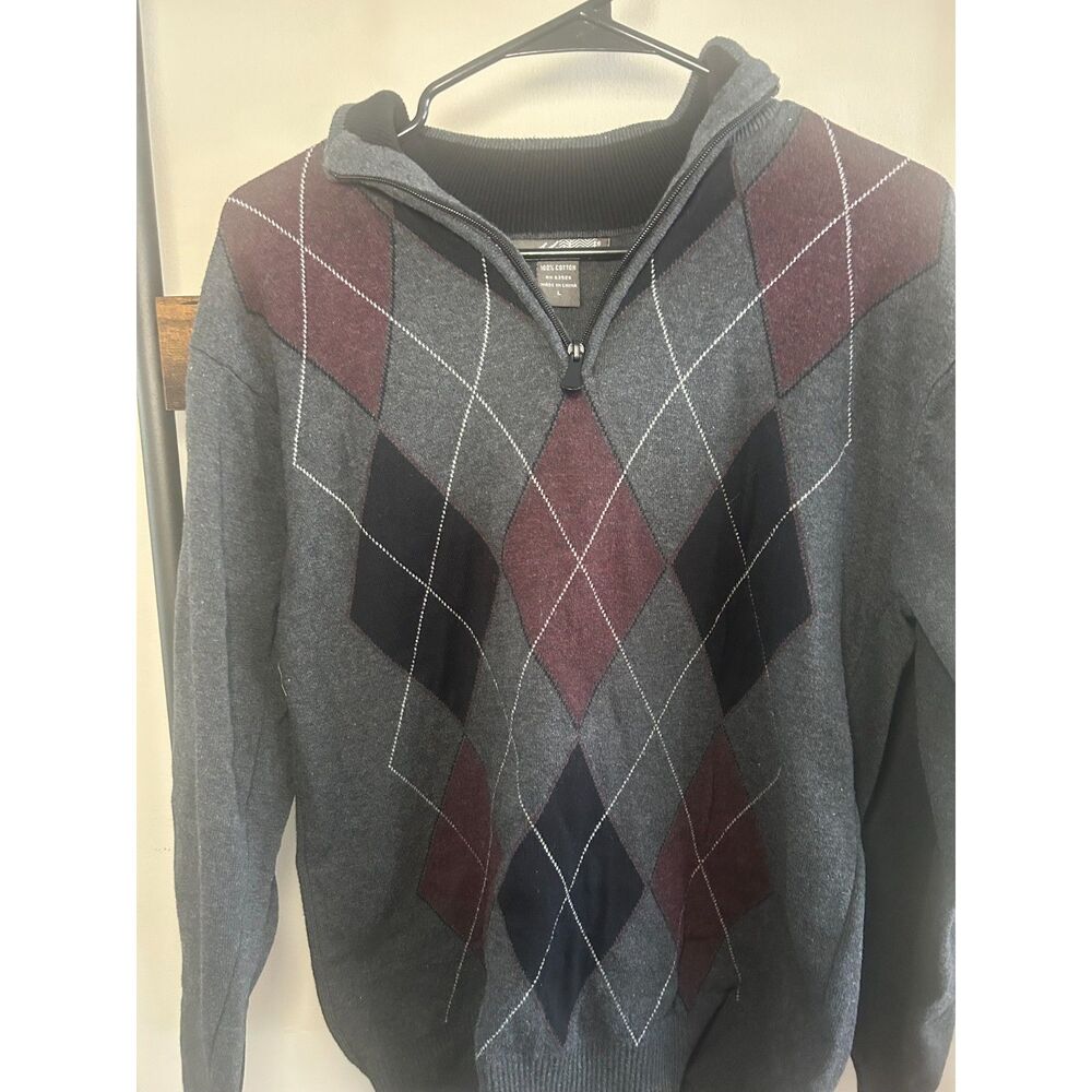 Method Large Gray Argyle Quarter Zip Sweater 100%… - image 3